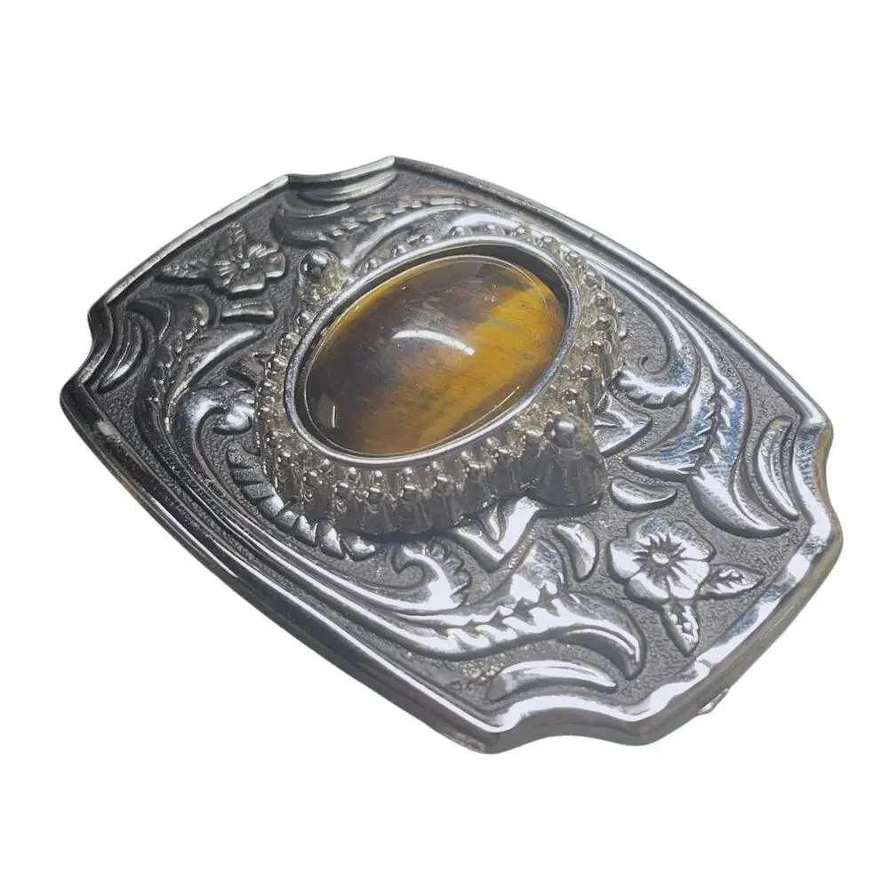 Western Silver Tone Belt Buckle Tiger Eye Stone Women's Kids 1.25